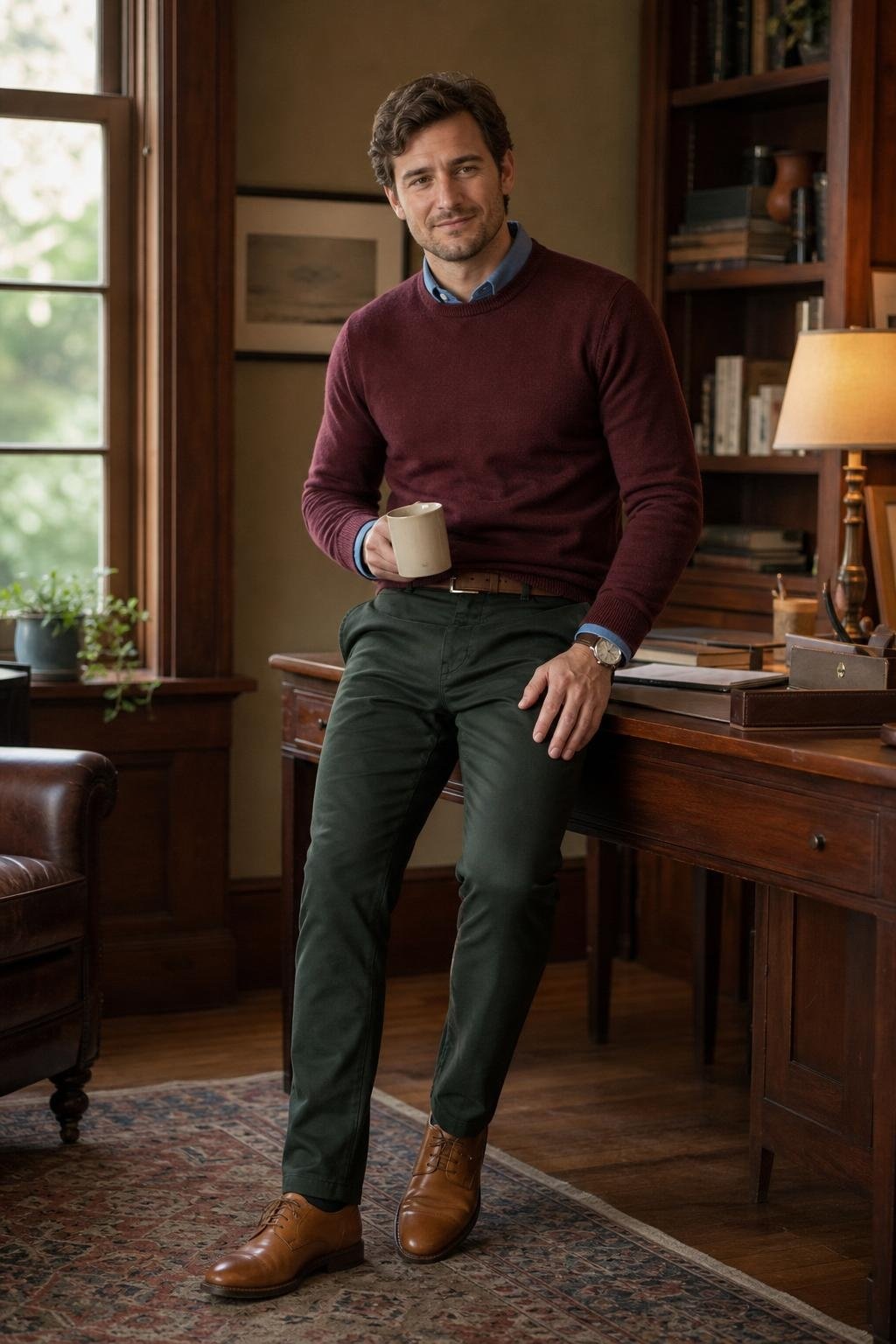Maroon crewneck sweater, dark green chinos, blue button-down, tan derbies in a warm office nook (option 2)
