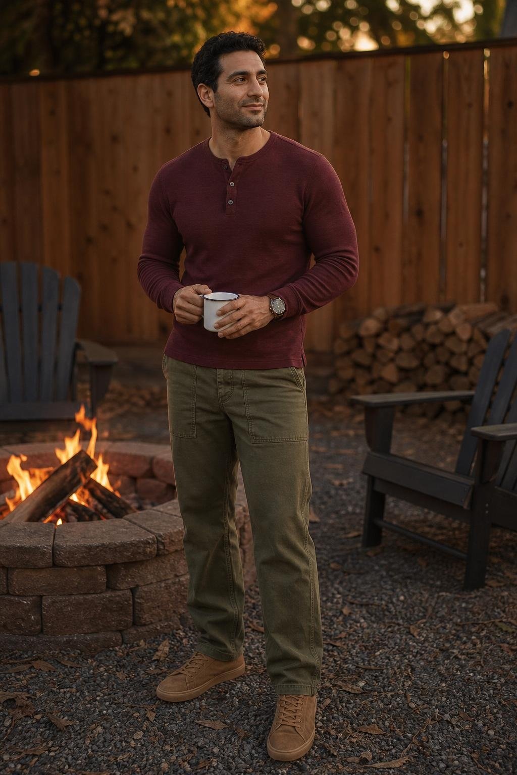 Maroon long-sleeve henley, olive fatigue pants, tan suede sneakers, casual backyard fire pit evening (option 1)