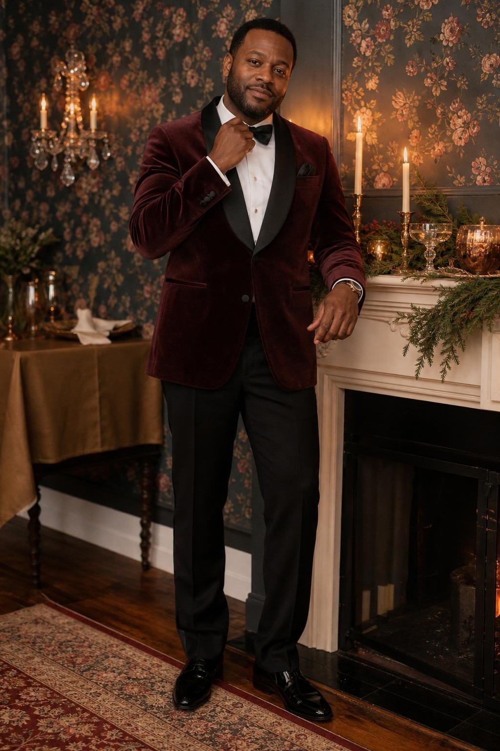 Maroon velvet dinner jacket, black formal trousers, black bow tie, patent loafers, candlelit holiday party (option 2)