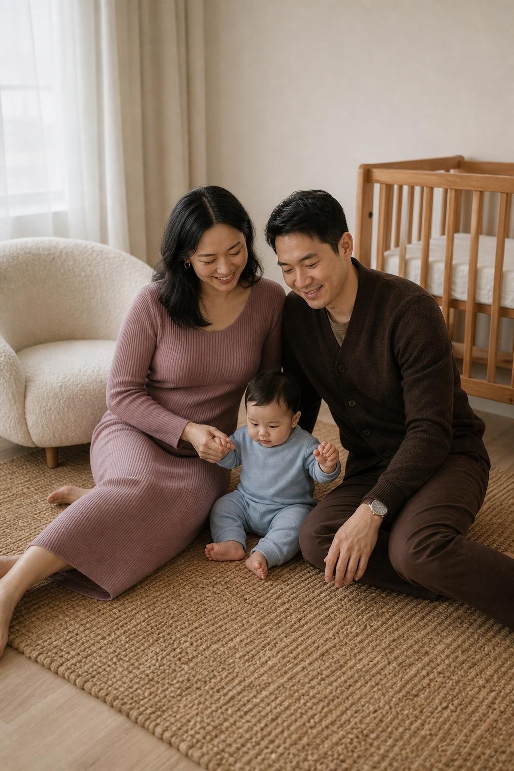 Mauve knit dress, chocolate cardigan, soft blue romper, bare feet, cozy nursery portrait (option 2)