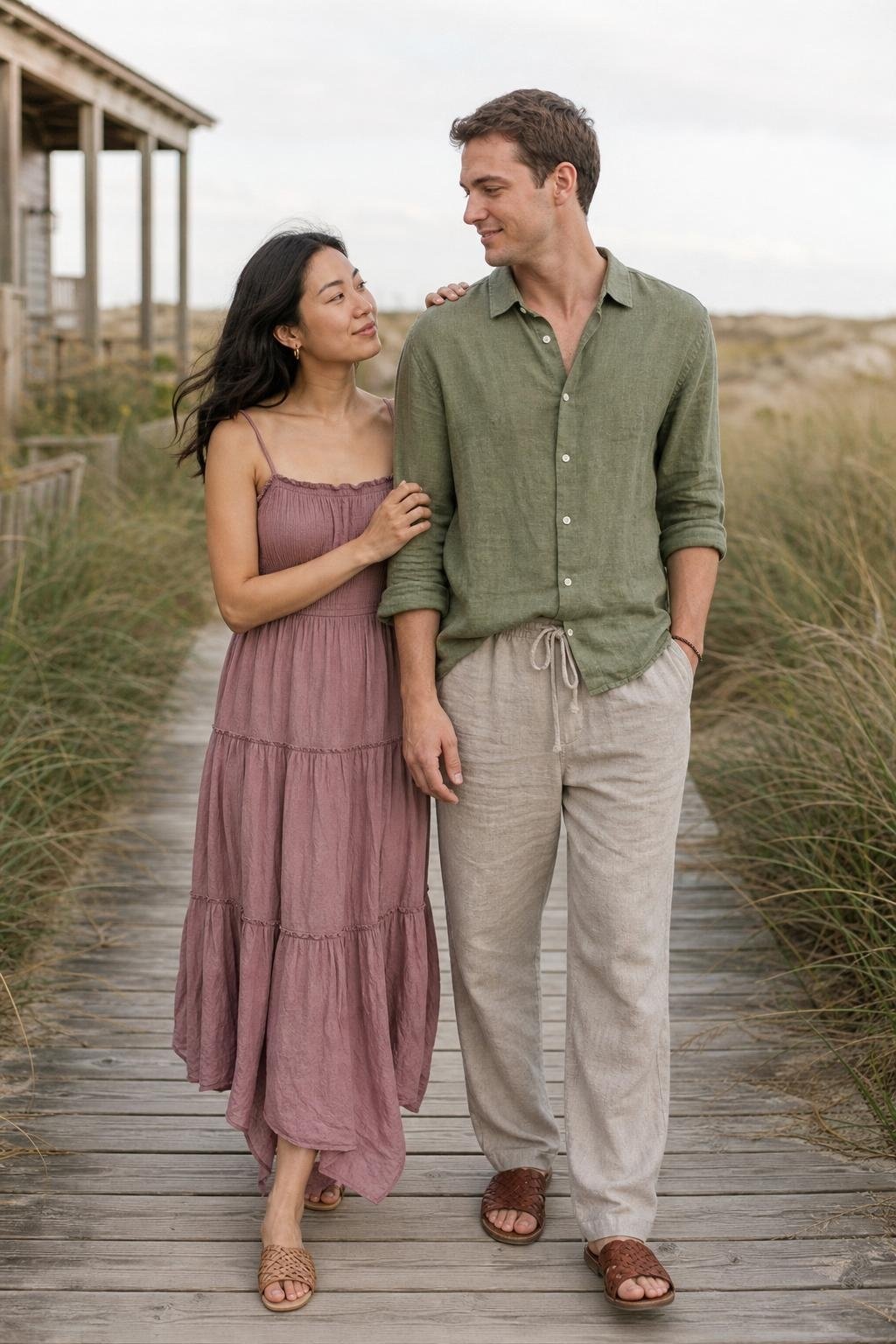 Mauve tiered dress, moss green linen shirt, weathered linen pants, woven sandals, peaceful dune path portraits (option 2)