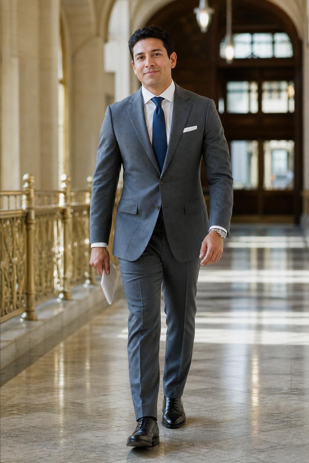 Medium grey suit, crisp white shirt, denim blue silk tie, black oxfords, courthouse wedding corridor (option 2)