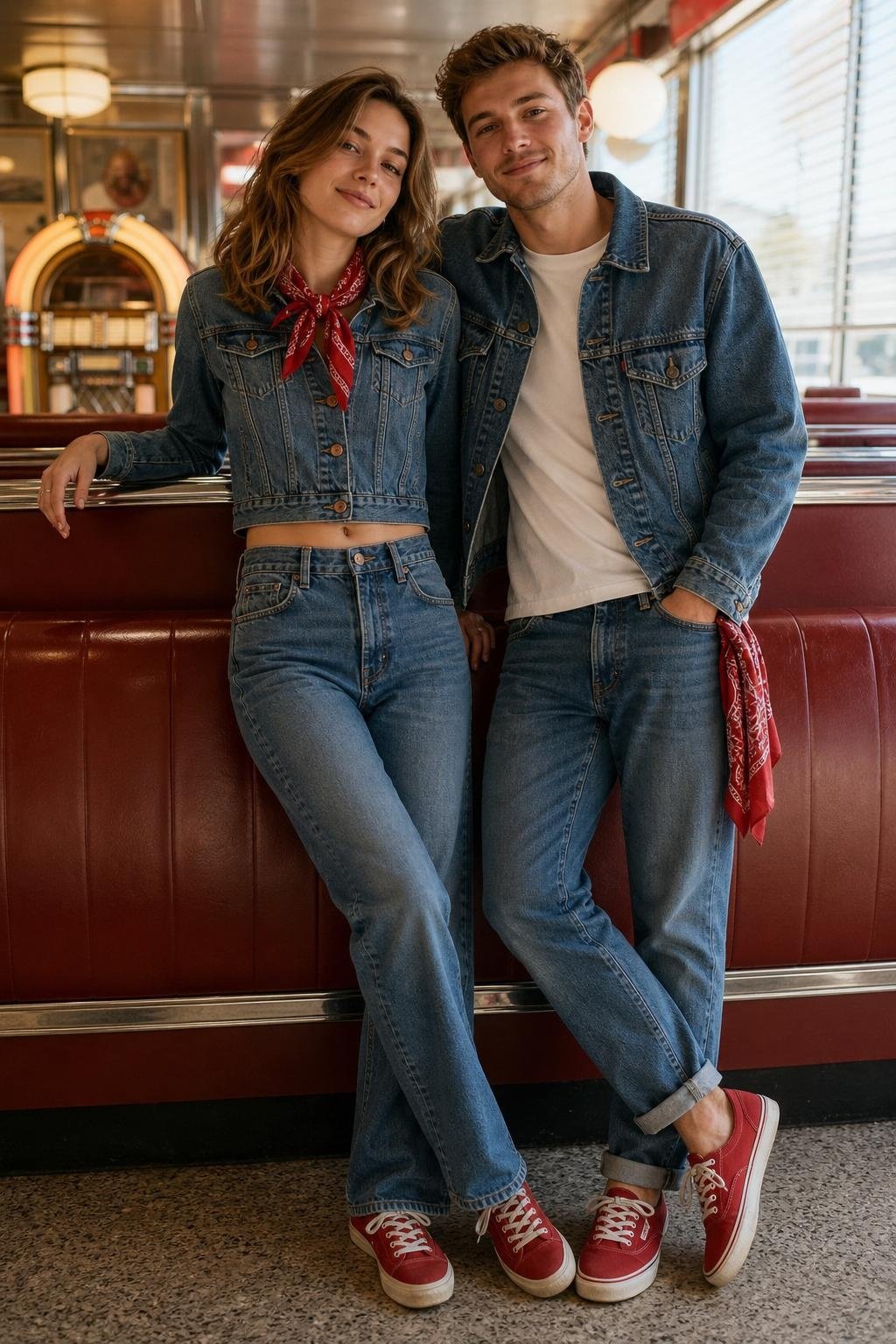 Medium-wash denim jacket and jeans with crimson bandana and red sneakers, roadside diner mood (option 2)