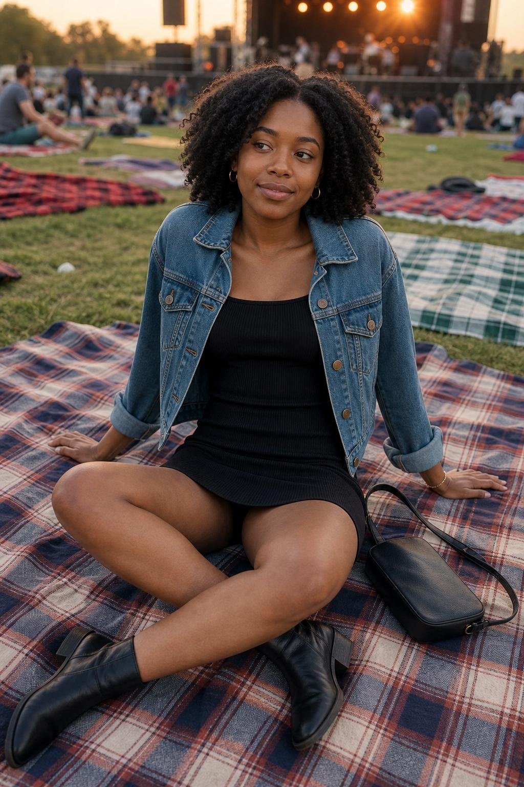 Medium-wash denim jacket over black dress, ankle boots, casual outdoor concert lawn (option 1)