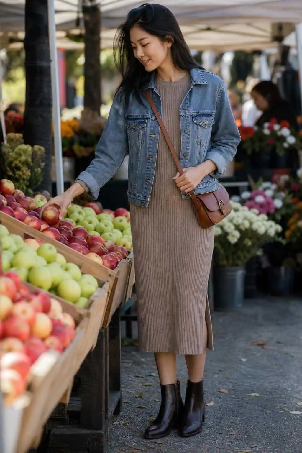 Medium wash denim jacket over ribbed midi sweater dress, ankle boots, crossbody bag, weekend market scene (option 2)