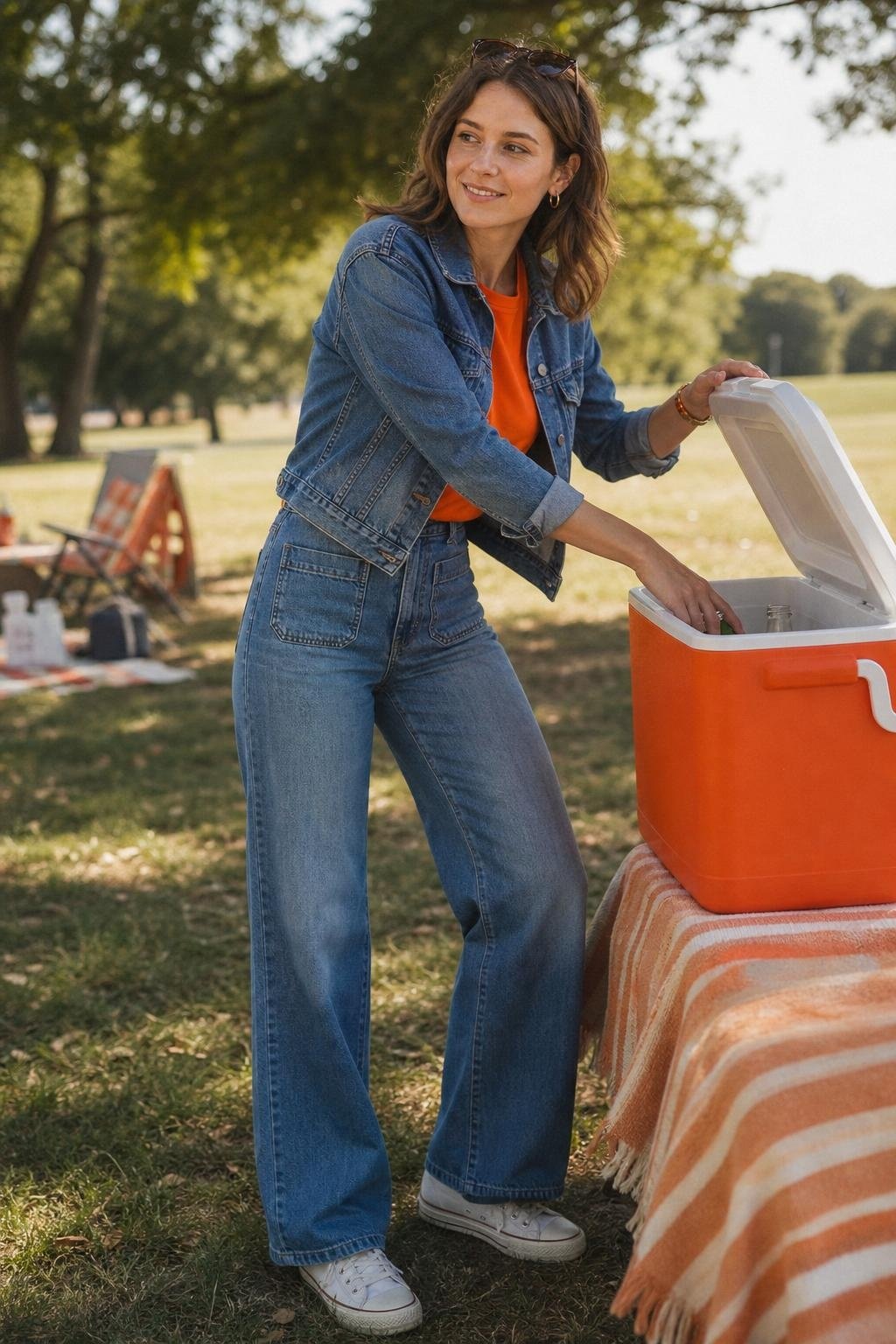 Medium-wash denim jacket, wide-leg jeans, bright orange tee, cream sneakers, sunny tailgate cooler setup (option 1)
