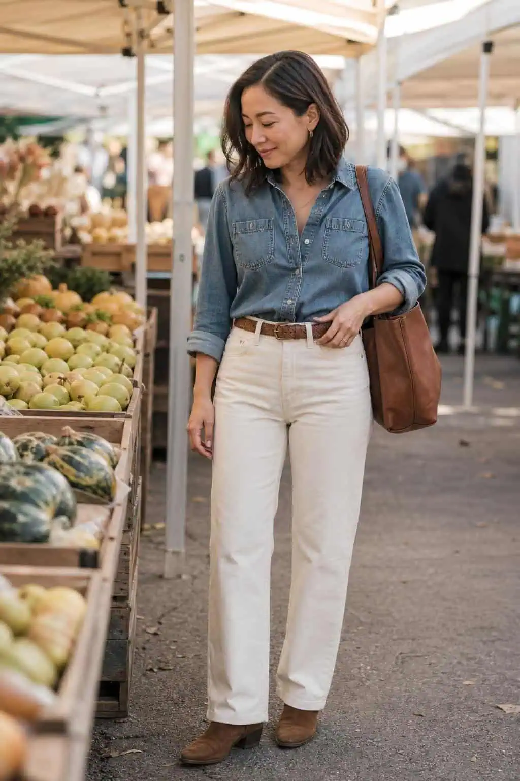 Medium-wash denim shirt, cream straight jeans, brown suede ankle boots, woven belt in an outdoor market (option 1)