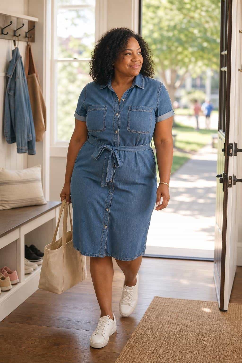 Medium-wash denim shirtdress, white low-profile sneakers, canvas tote, casual school pickup sidewalk (option 2)