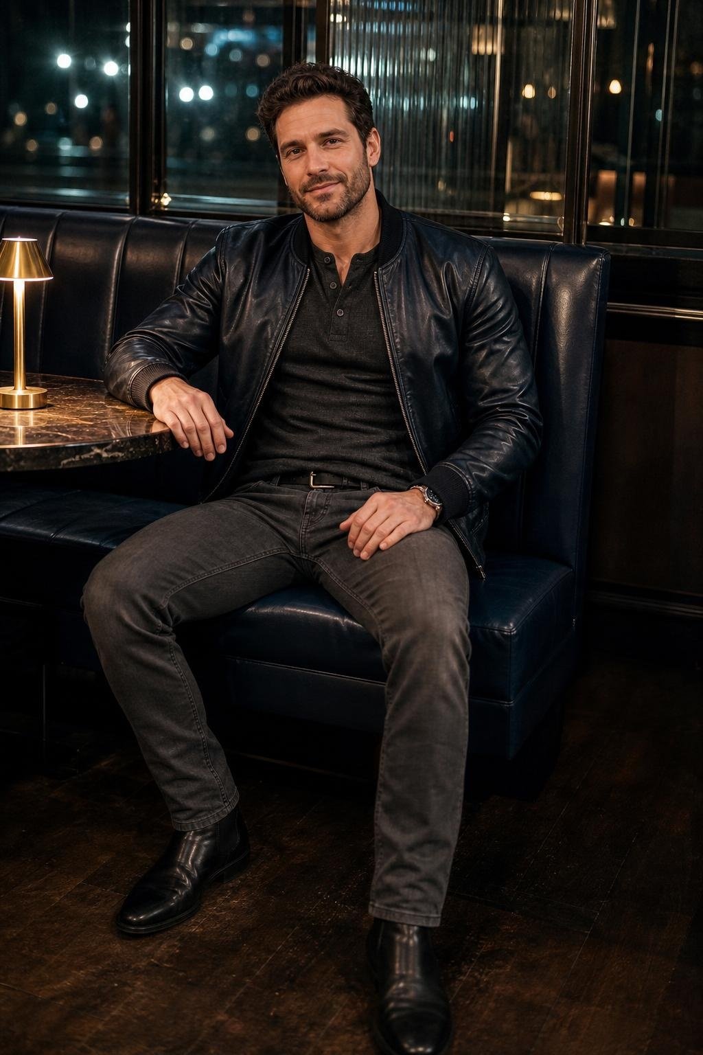 Midnight blue leather bomber, charcoal henley, gray jeans, black boots, sleek cocktail bar booth (option 1)