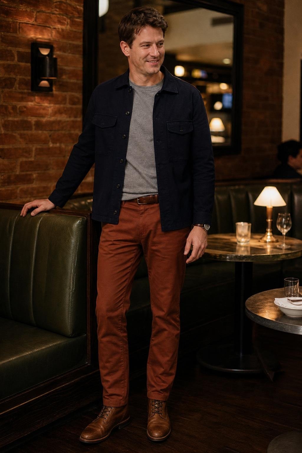 Midnight blue shirt jacket, rust chinos, heather gray tee, brown leather boots, casual dinner with friends (option 2)