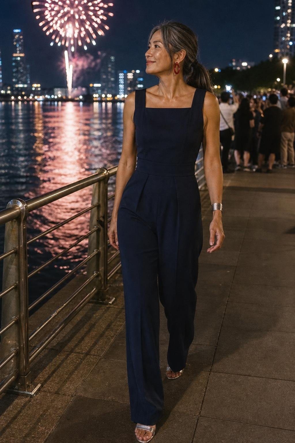 Midnight blue sleeveless jumpsuit, silver flat sandals, red enamel hoops, city fireworks viewing on a riverside path (option 2)