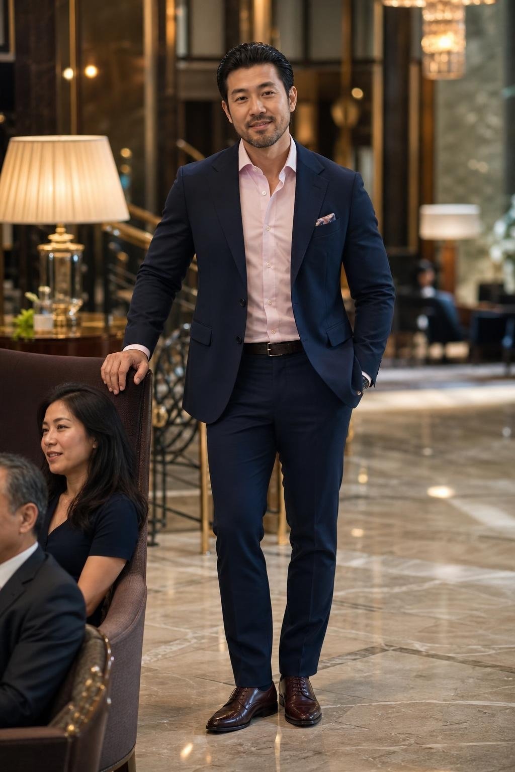 Midnight blue suit, pale pink dress shirt, oxblood dress shoes, elegant hotel lobby family portrait (option 2)