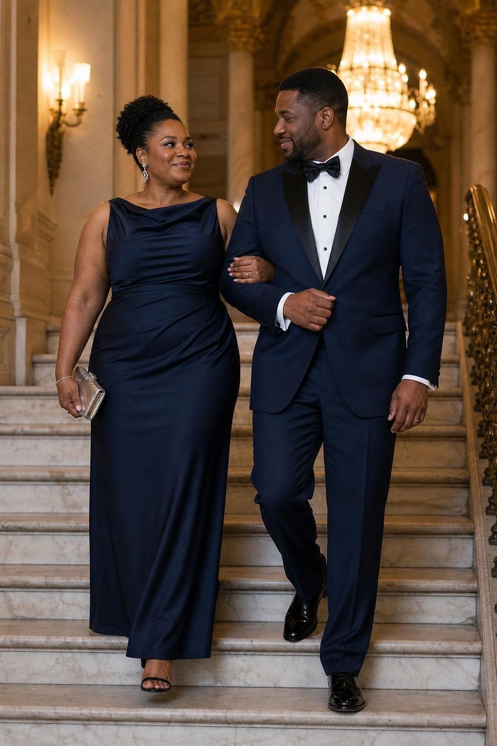 midnight navy gown with navy tuxedo, silver clutch, patent shoes at a formal ballroom entrance (option 2)