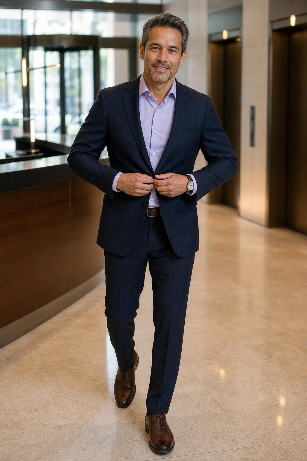 Midnight navy suit separates, lavender dress shirt, dark brown derbies in a formal office lobby (option 1)