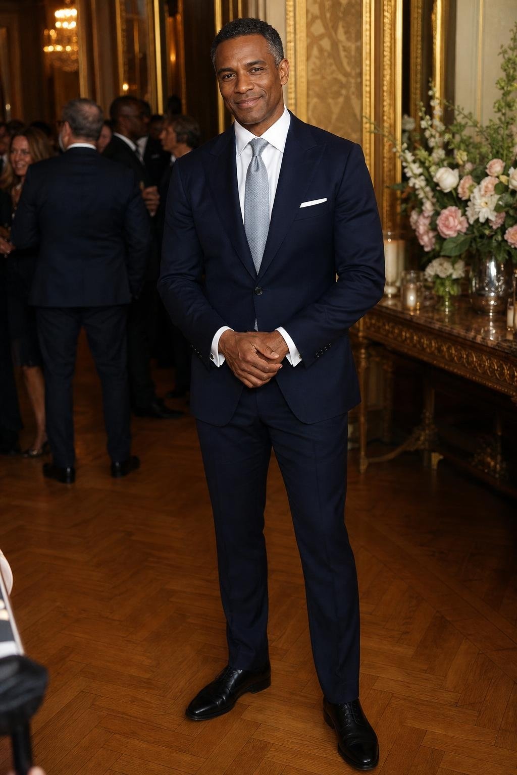 Midnight navy suit, white spread-collar shirt, silver grenadine tie, black cap-toe shoes, evening reception hall (option 2)