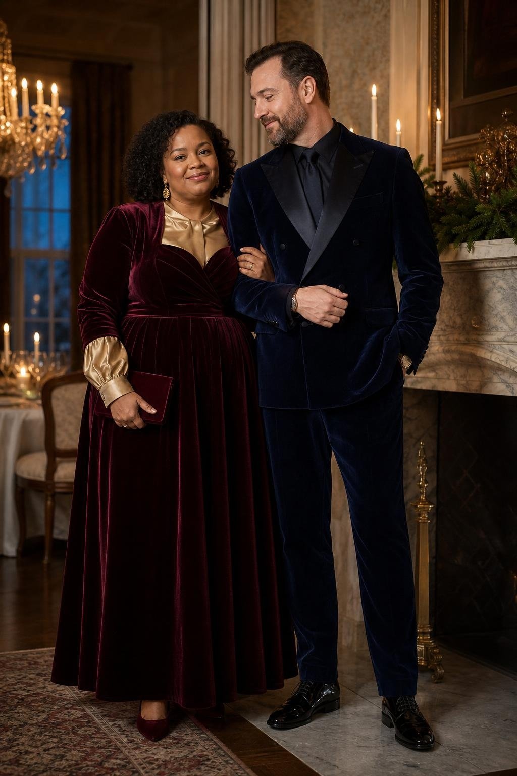 Midnight navy velvet suit, gold satin blouse, burgundy dress, dress shoes, festive indoor portrait (option 2)