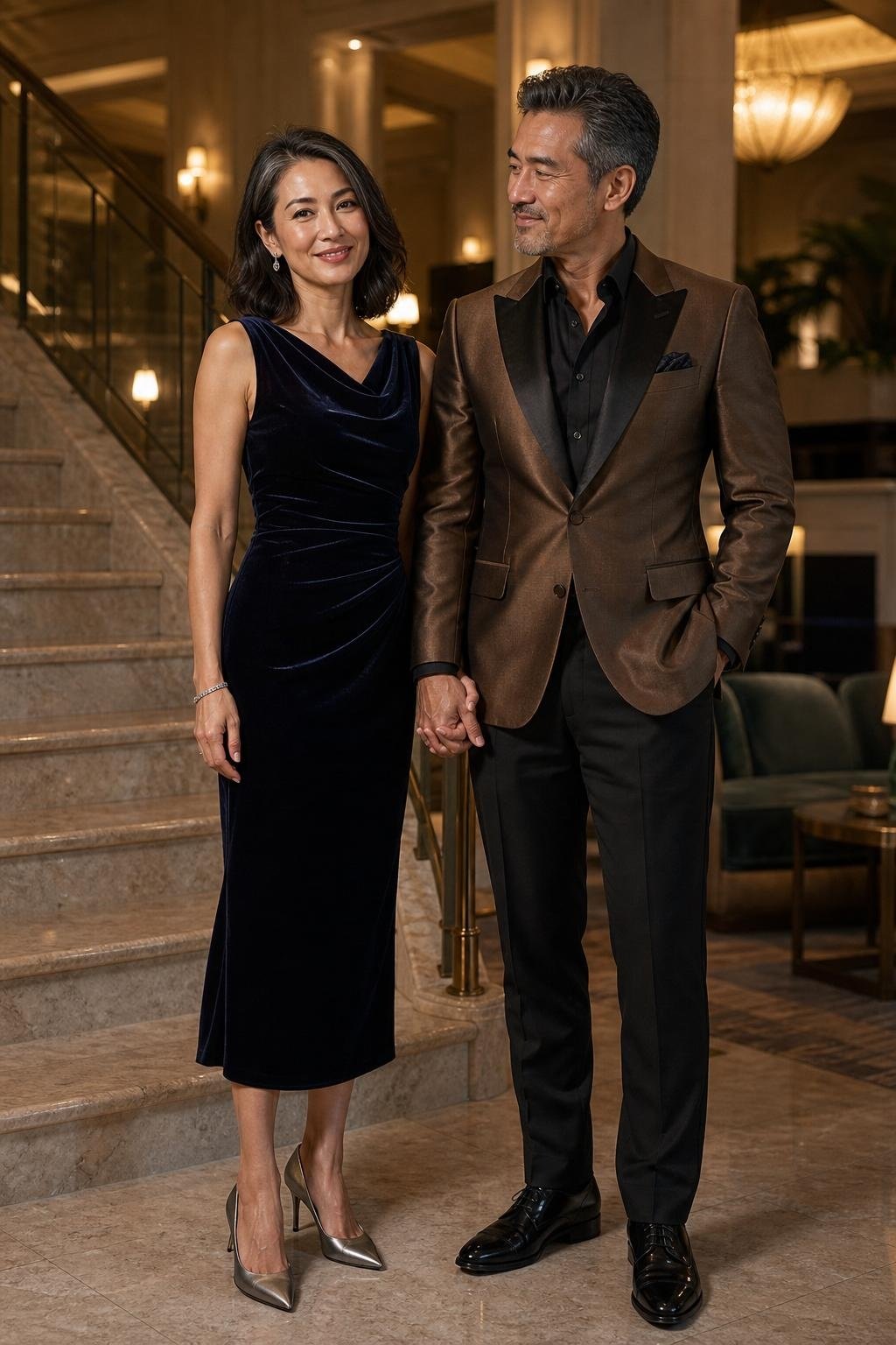 Midnight velvet midi dress with pewter heels in a softly lit hotel lobby (option 1)