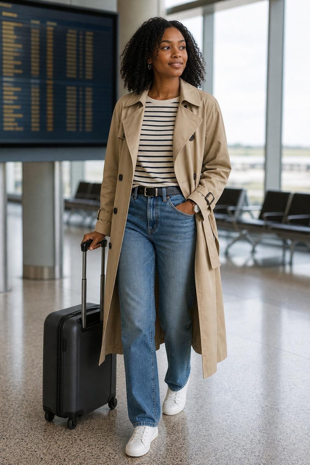 Minimal white sneakers with trench coat, striped tee, relaxed jeans, airport terminal scene (option 2)