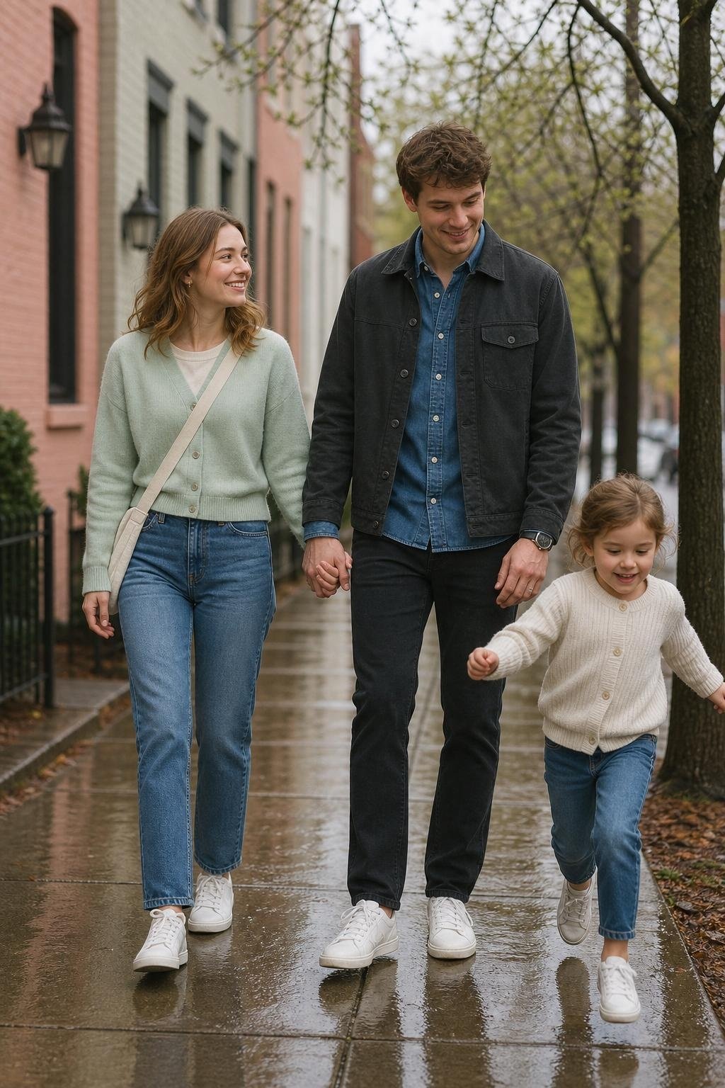 Mint cardigan, charcoal jeans, denim shirt, white sneakers, early spring neighborhood walk (option 1)