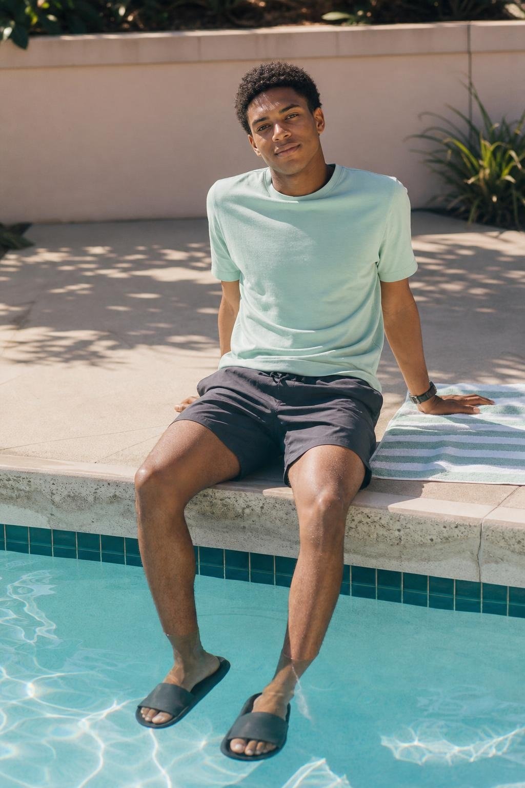 Mint crewneck T-shirt, charcoal swim trunks, rubber slides, bright poolside afternoon (option 1)