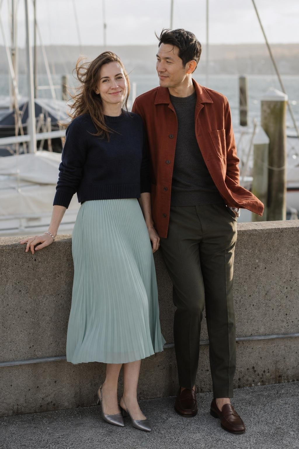 Mint pleated dress with navy crewneck sweater along a breezy harbor railing (option 2)