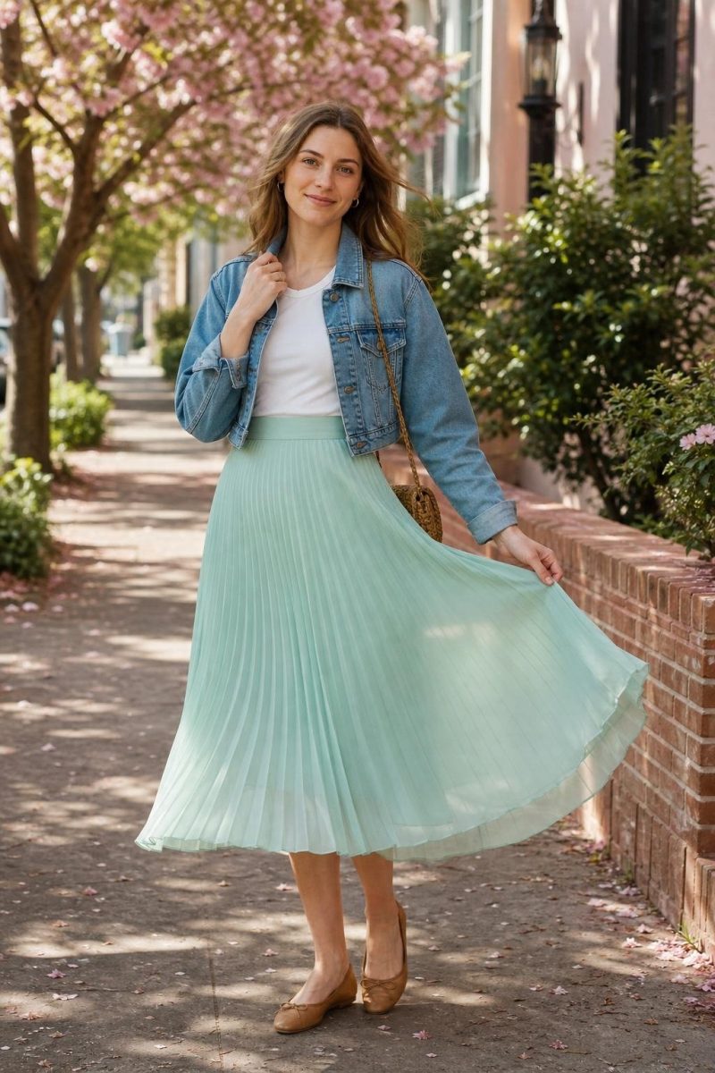 Mint pleated midi skirt, cropped denim jacket, white tee, and a breezy spring street scene (option 2)