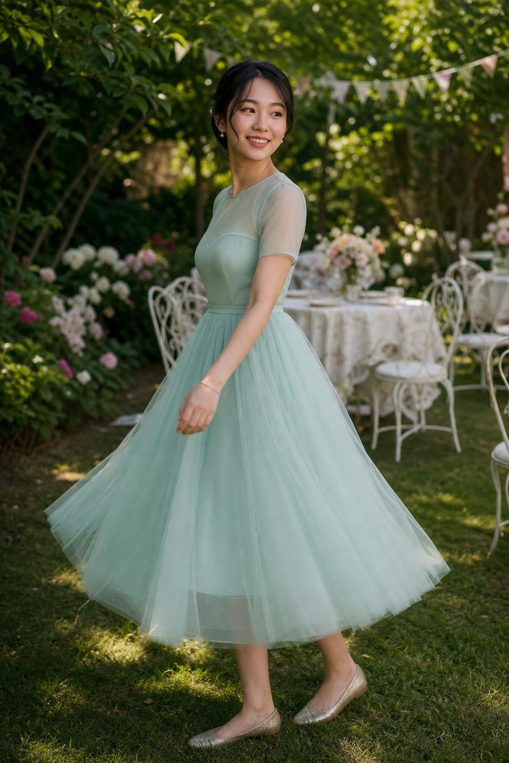 Mint tulle midi dress with lined bodice and sleeves, pale gold flats, whimsical garden party wedding (option 2)