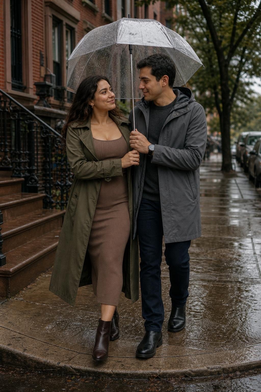 Mocha ribbed dress with olive trench coat and ankle boots on a rainy city street (option 1)