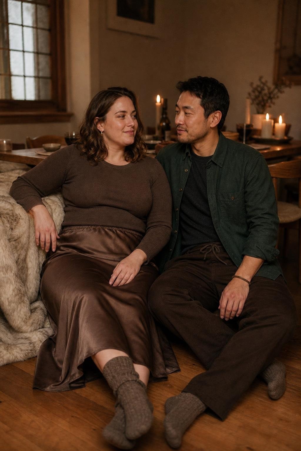 Mocha satin skirt with pine green flannel, soft knit top, wool socks, cozy dinner at home mood (option 1)