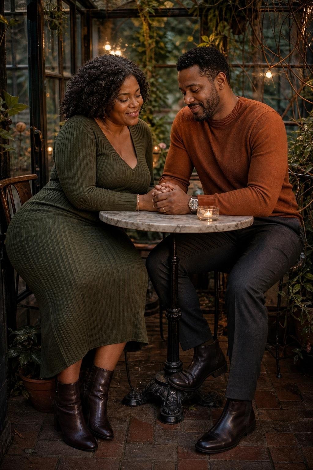 Moss green knit dress with copper crewneck sweater, dark boots, candlelit bistro corner mood (option 2)
