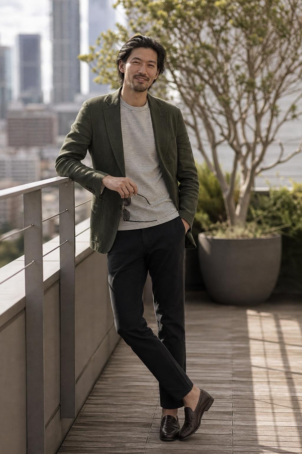 Moss green linen-blend blazer, washed black chinos, striped tee, loafers in a breezy office terrace (option 2)