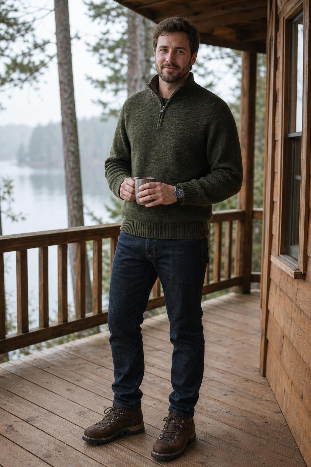 Moss green quarter-zip sweater, dark denim jeans, brown hiking-inspired boots, cabin weekend morning (option 2)