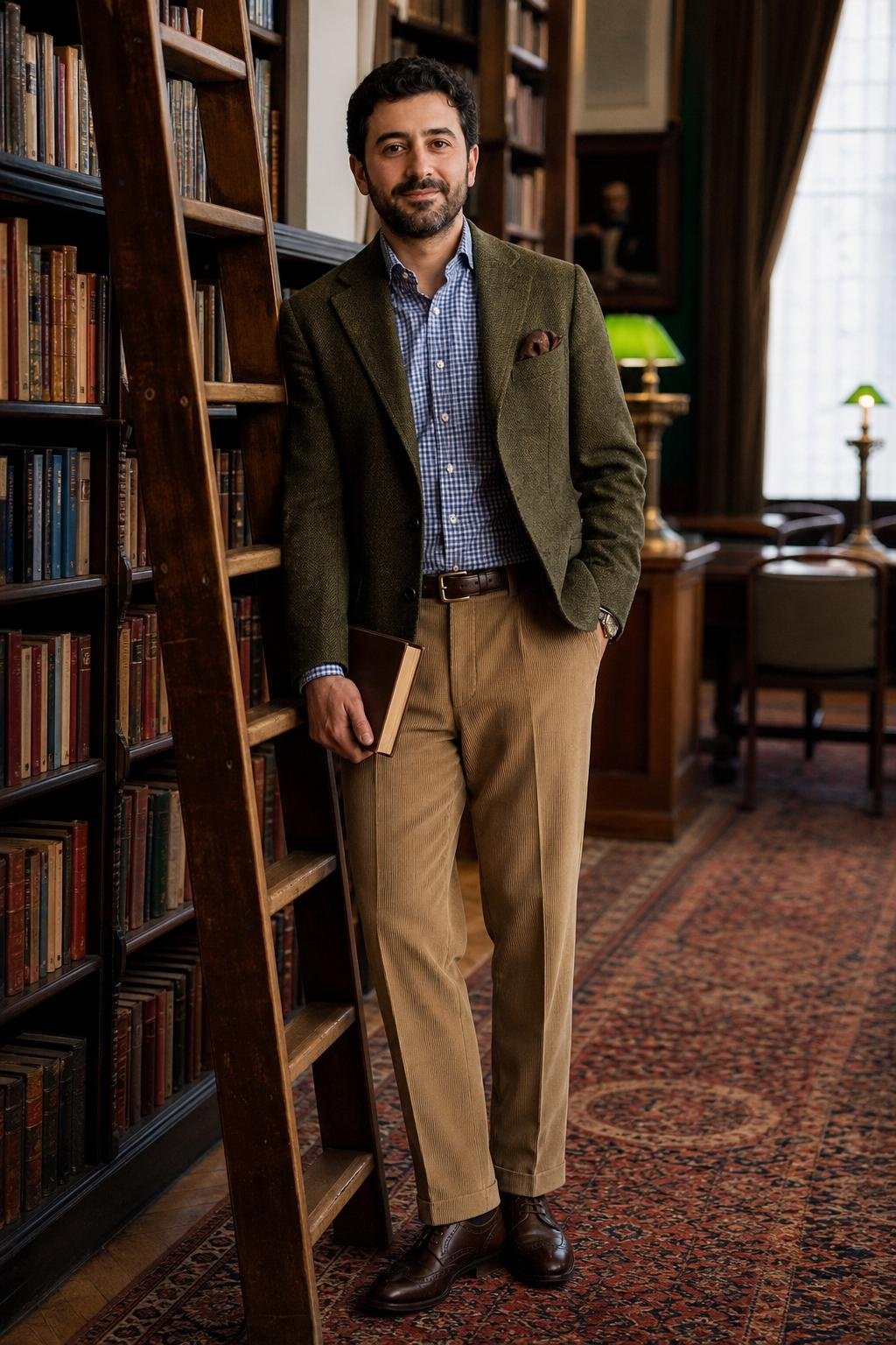 Moss green tweed sport coat, tan corduroy trousers, blue check shirt, mahogany brogues, library reading room (option 2)
