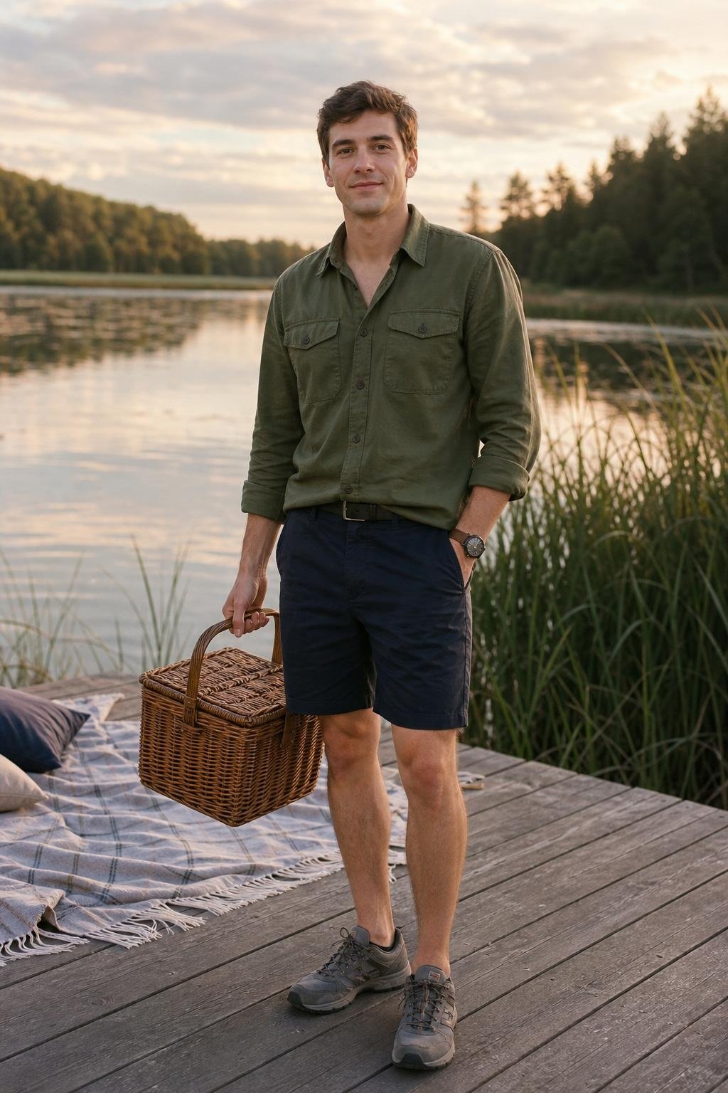 Moss utility shirt, dark navy shorts, gray trail sneakers, casual lakeside picnic scene (option 1)