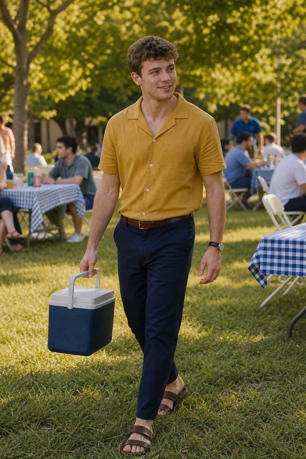 Mustard camp-collar shirt, navy chinos, brown leather sandals, casual outdoor company picnic (option 2)