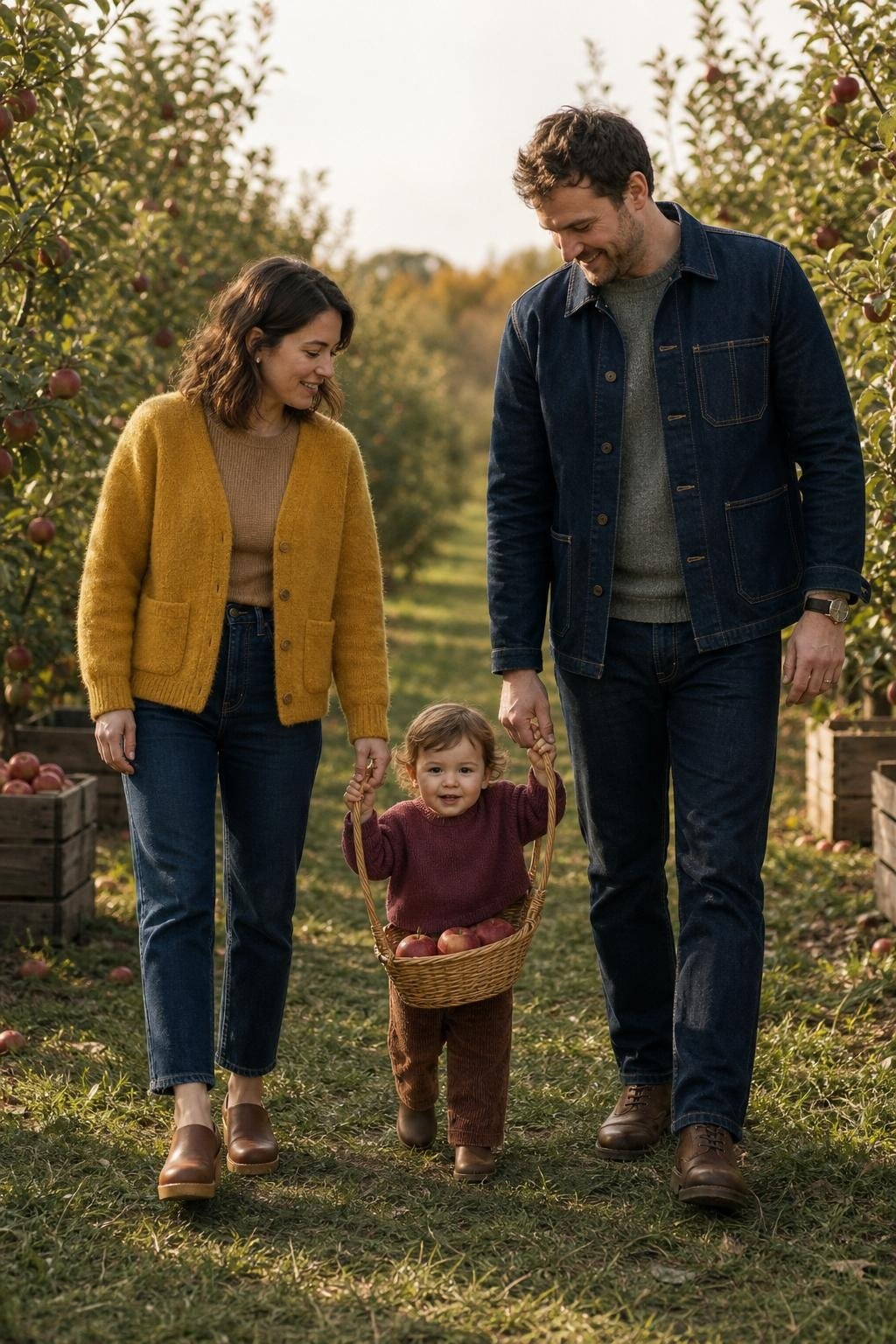 Mustard cardigan, indigo jeans, berry knit pullover, brown clogs in a casual apple orchard scene (option 1)