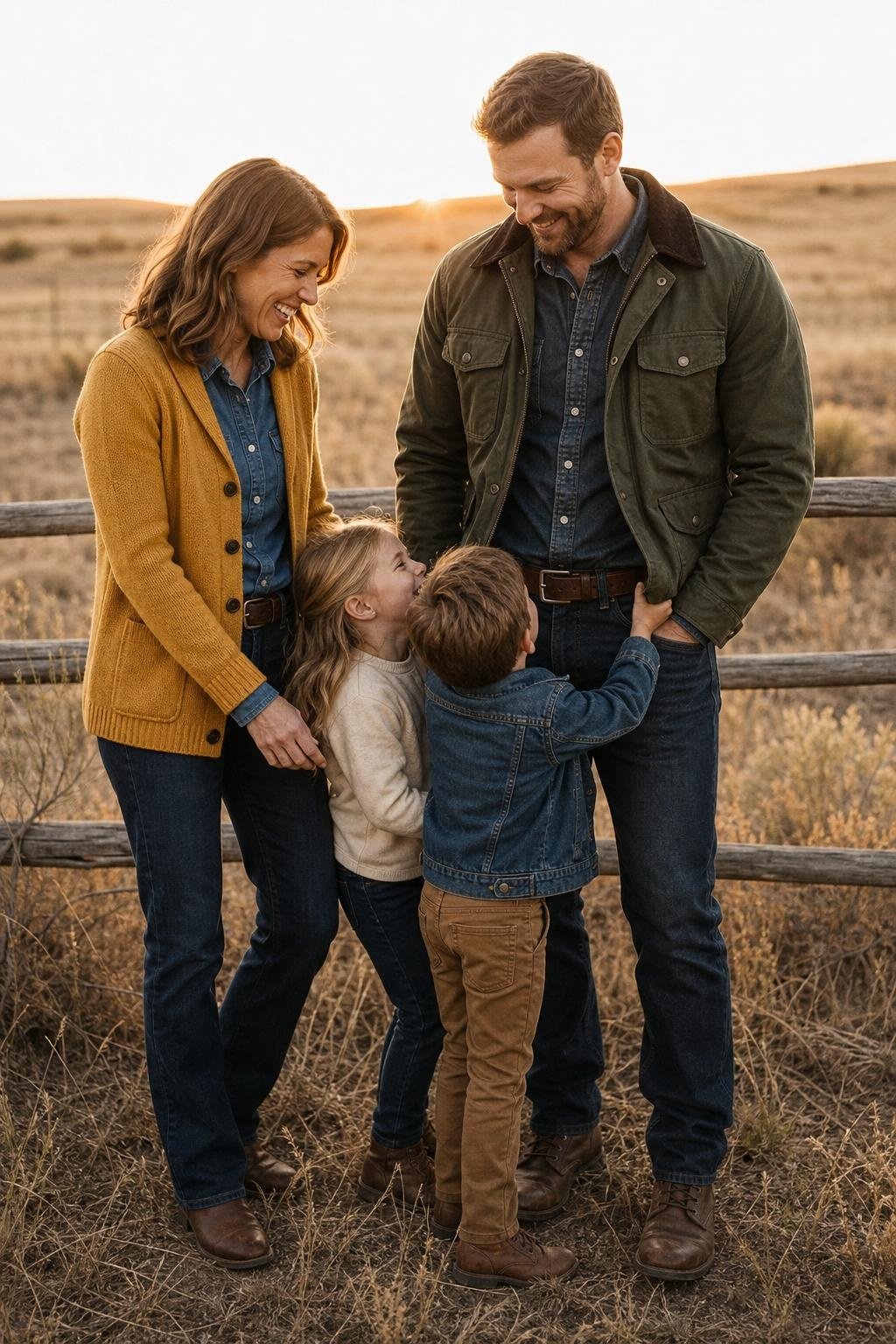 Mustard cardigan, olive utility jacket, denim shirt, brown lace-up boots, open field at golden hour (option 1)