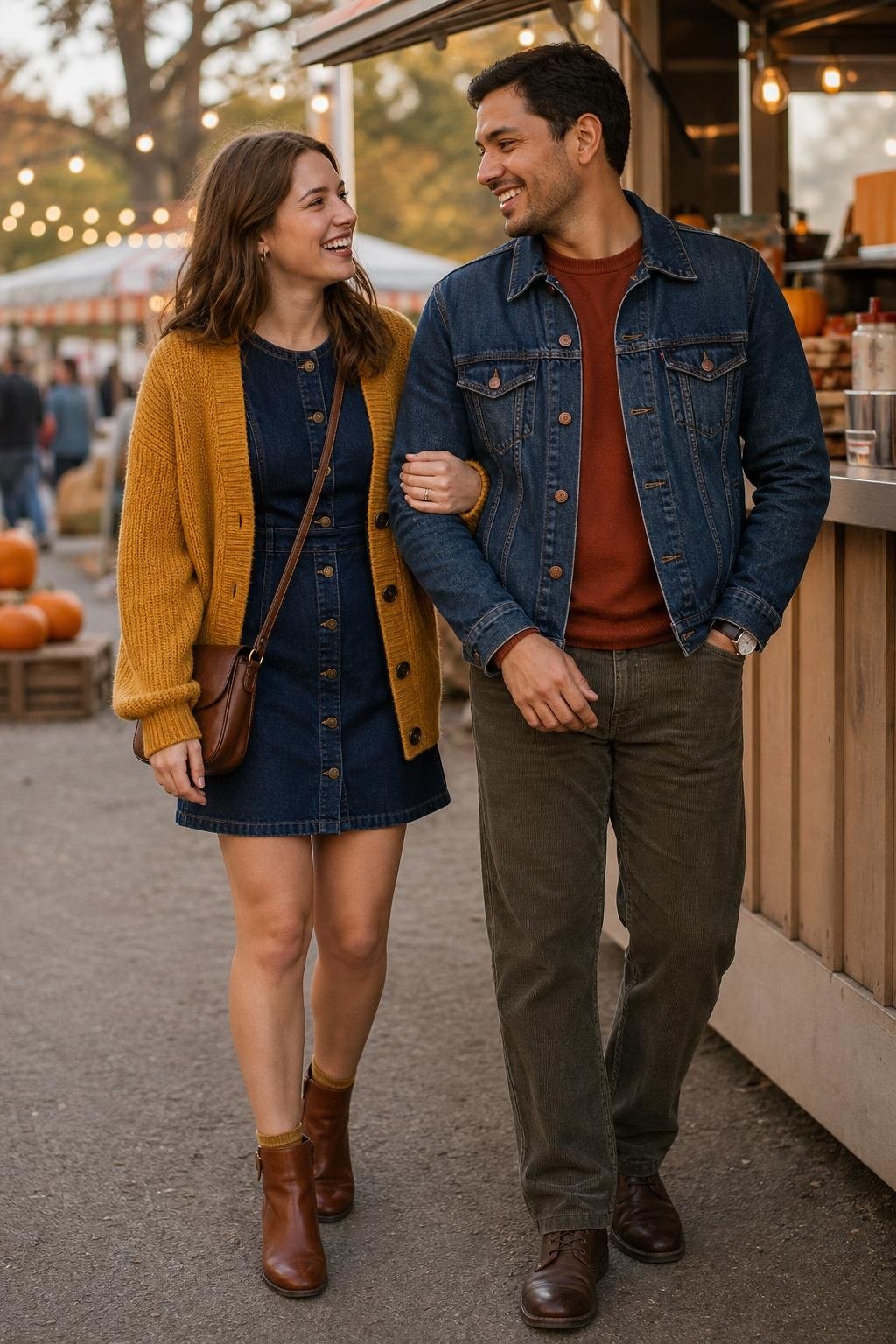 mustard cardigan with dark wash denim dress and denim jacket at a casual fall street fair (option 2)