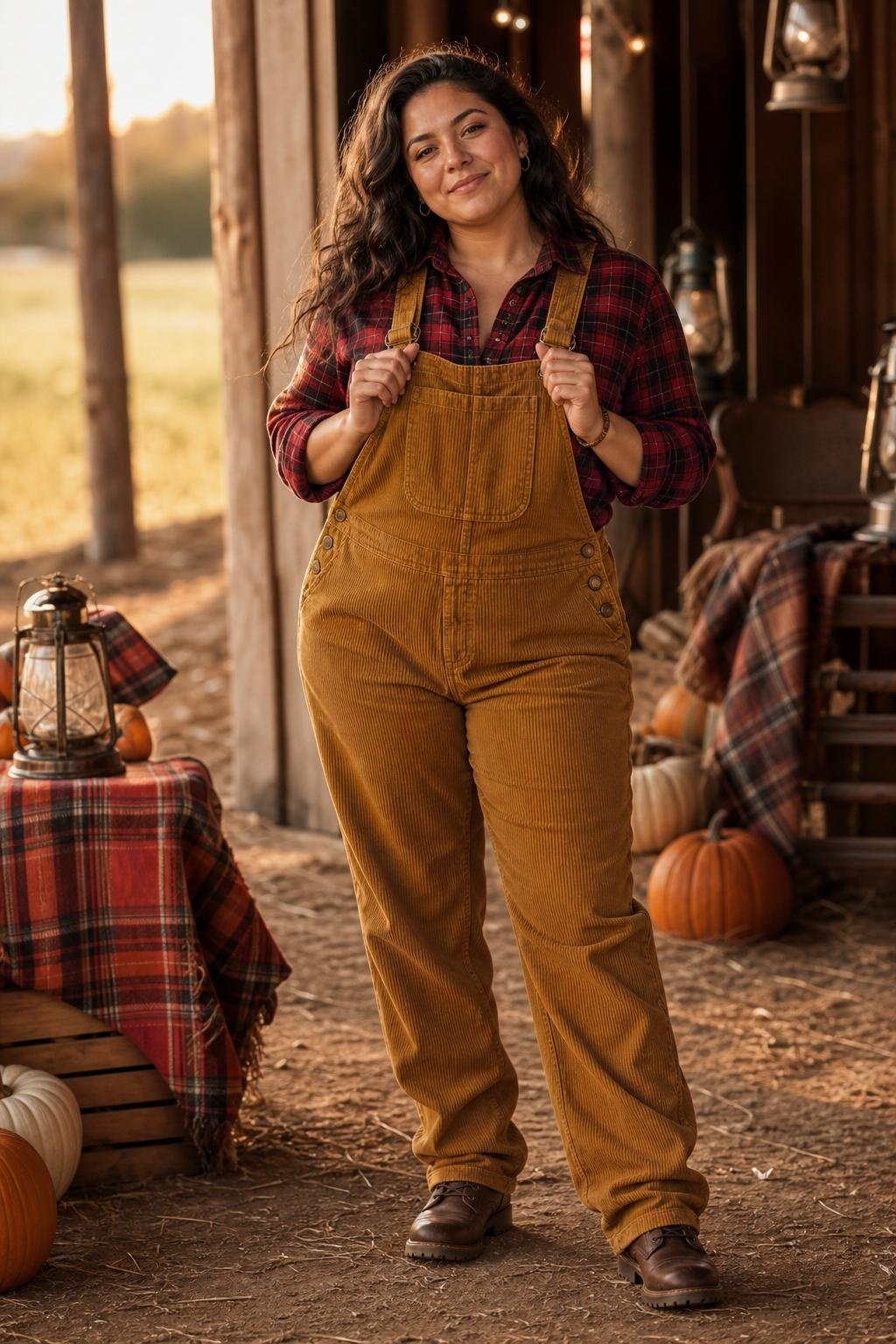 Mustard corduroy overalls, plaid shirt, lace-up boots, cozy barn Halloween party (option 1)