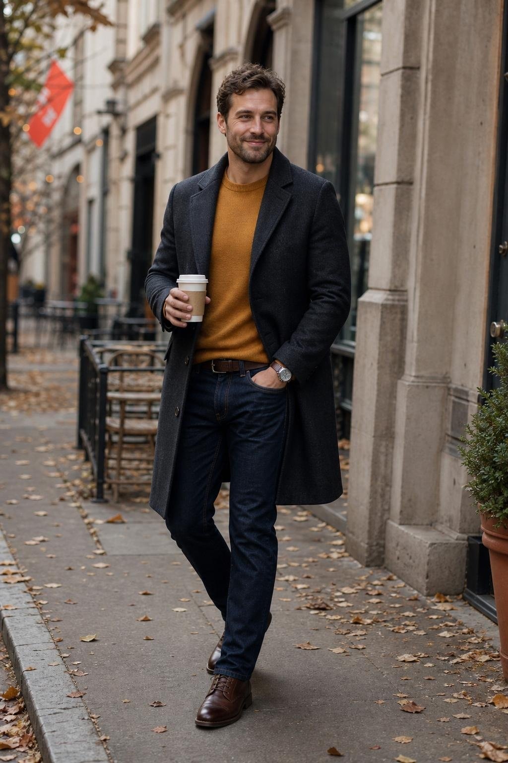 Mustard crewneck sweater, charcoal overcoat, dark rinse jeans, brown leather boots, brisk city coffee walk (option 1)