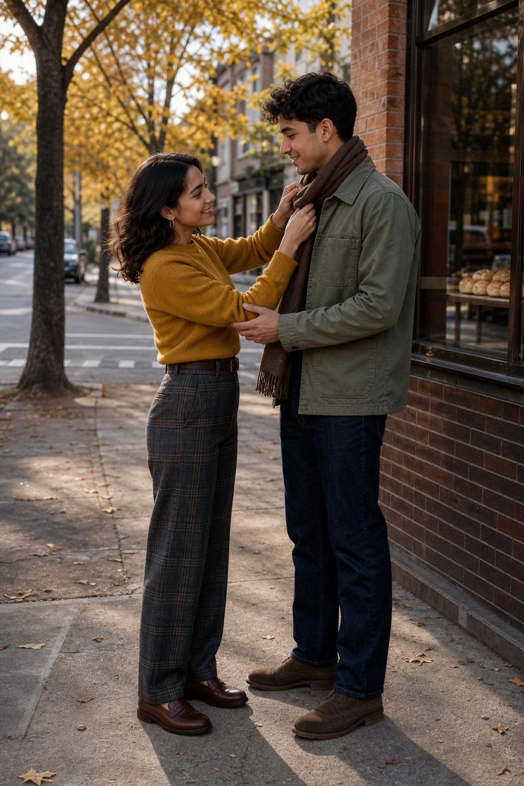 Mustard crewneck sweater, charcoal plaid trousers, brown loafers, fall street corner scene (option 2)