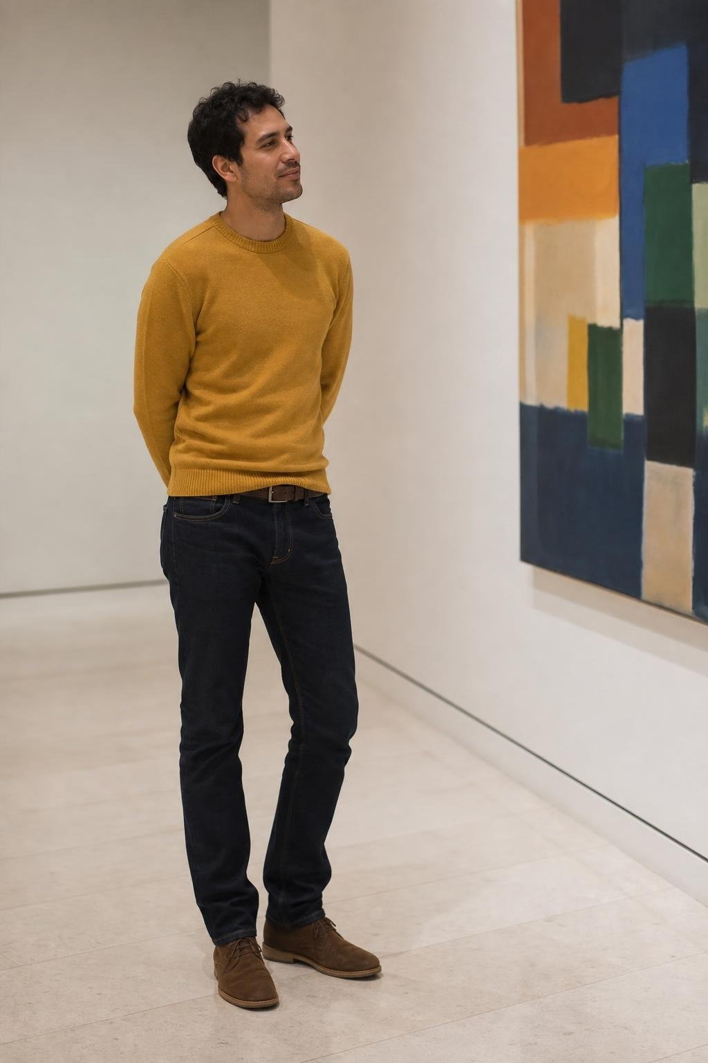 Mustard crewneck sweater, dark rinse jeans, brown suede desert boots, casual museum afternoon (option 2)