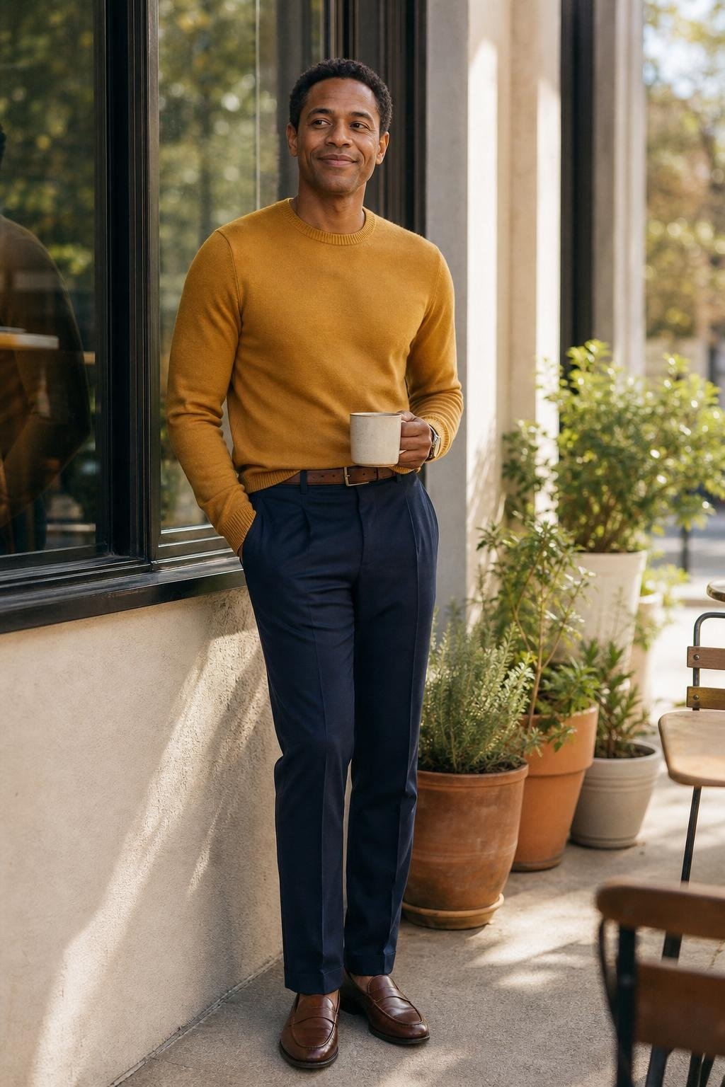 Mustard crewneck sweater, navy trousers, brown loafers, cozy brunch date beside a sunny window (option 2)