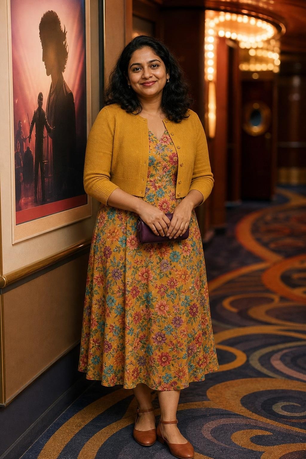 Mustard cropped cardigan over floral midi dress with ankle-strap flats in a ship theater lobby (option 2)