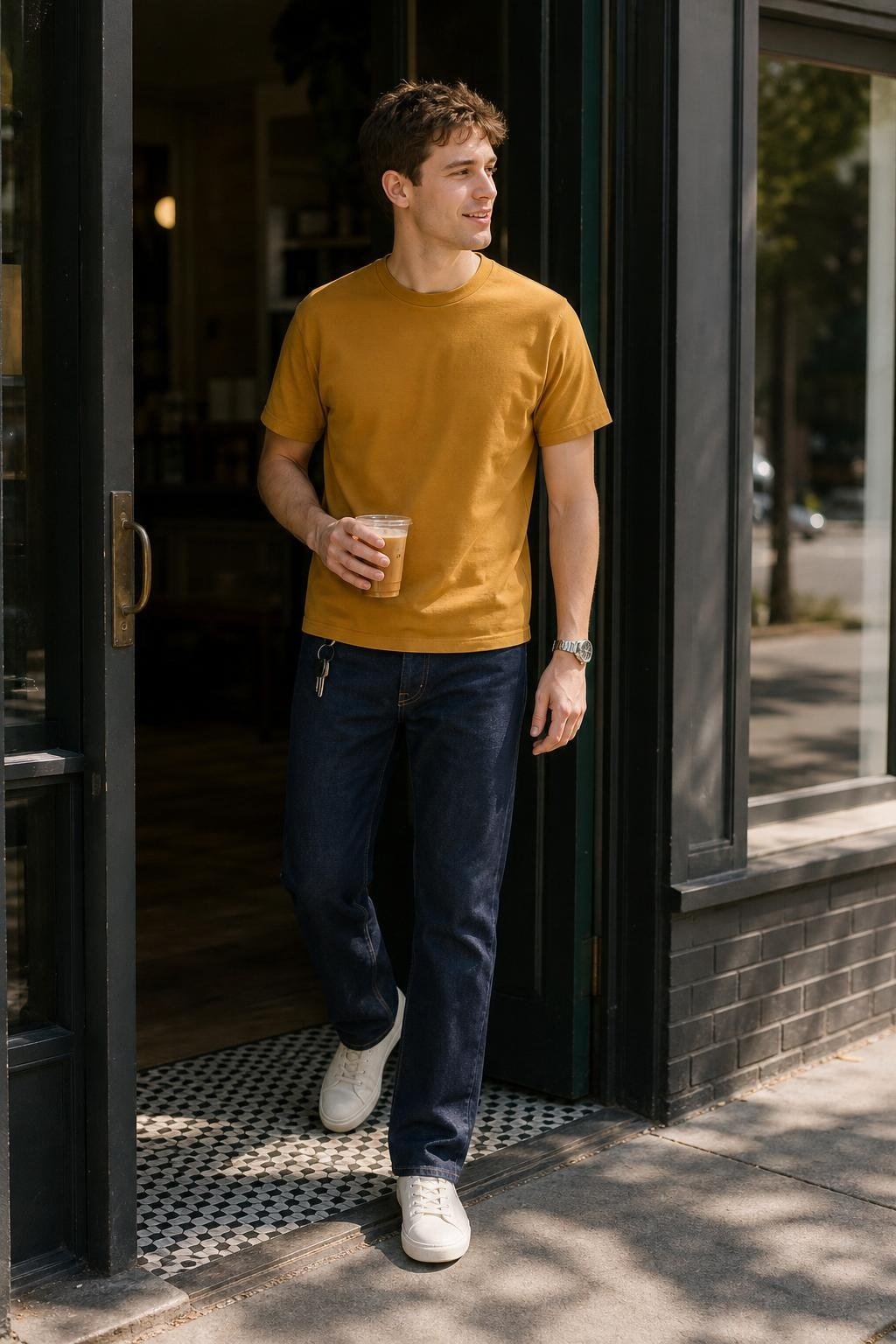 Mustard heavyweight T-shirt, indigo straight jeans, off-white canvas sneakers, casual Saturday coffee run (option 1)