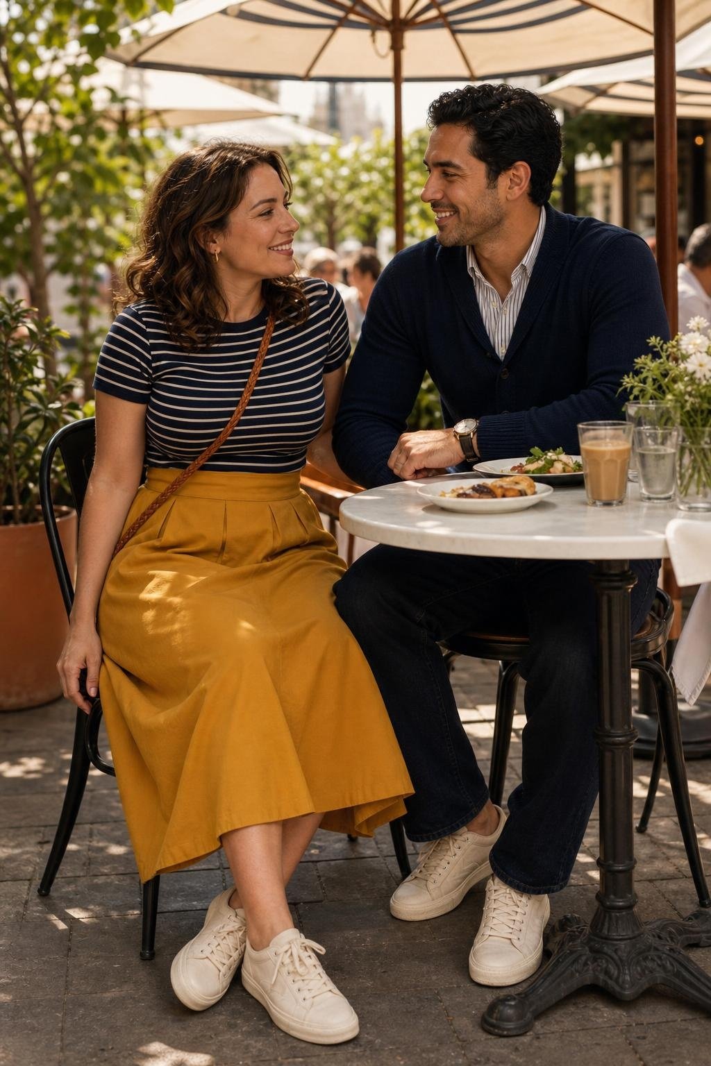 Mustard midi skirt with deep navy cardigan, cream sneakers, striped shirt, sunny brunch terrace mood (option 2)