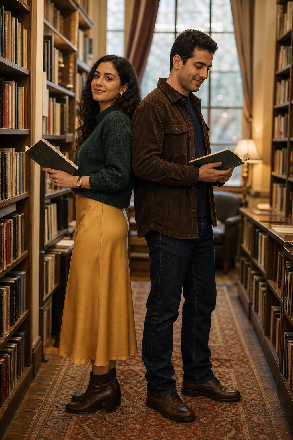 Mustard midi skirt with forest green sweater in a cozy independent bookstore aisle (option 1)