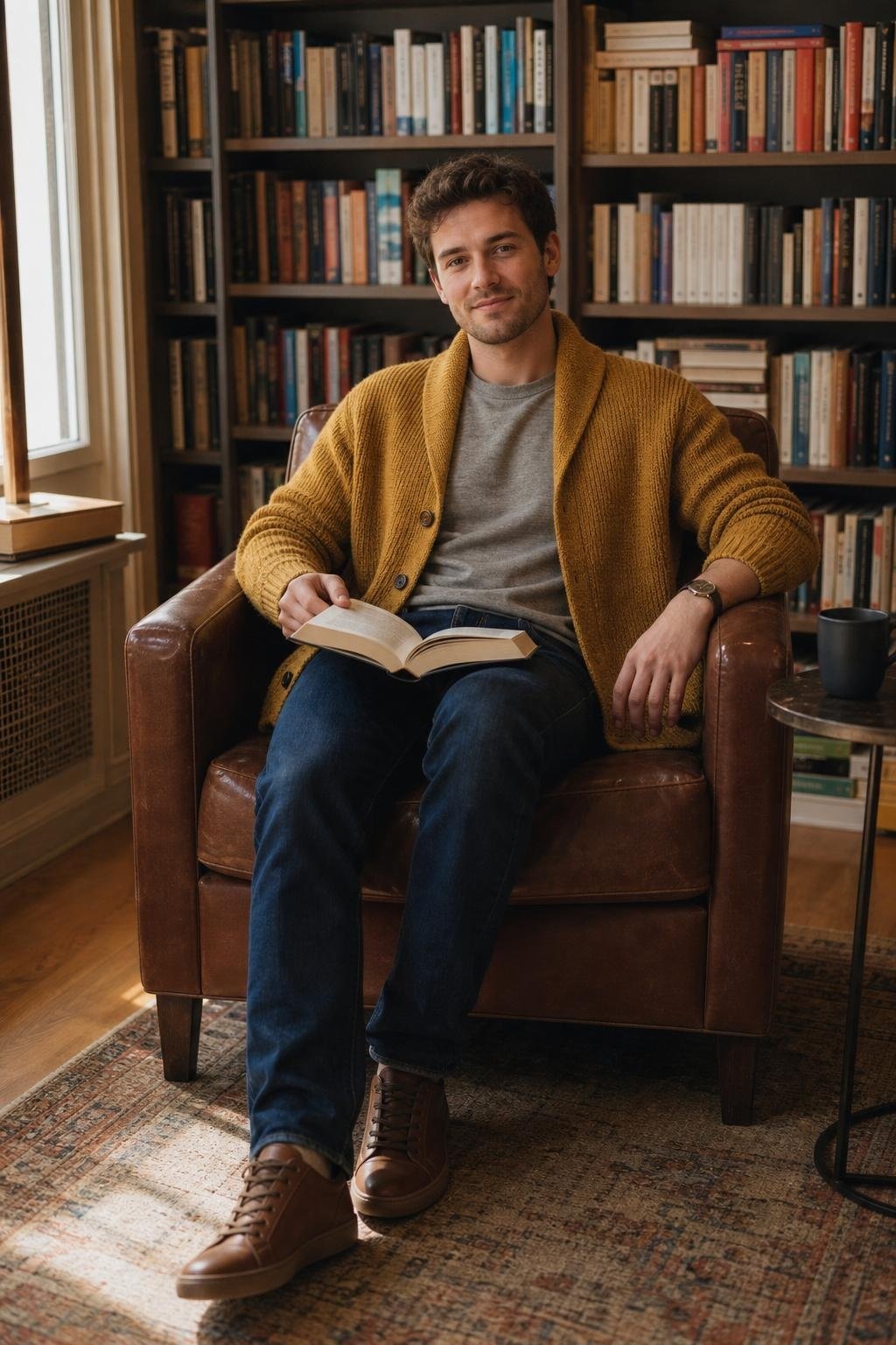 Mustard shawl cardigan, navy jeans, heather gray tee, brown leather sneakers, cozy bookstore afternoon (option 2)