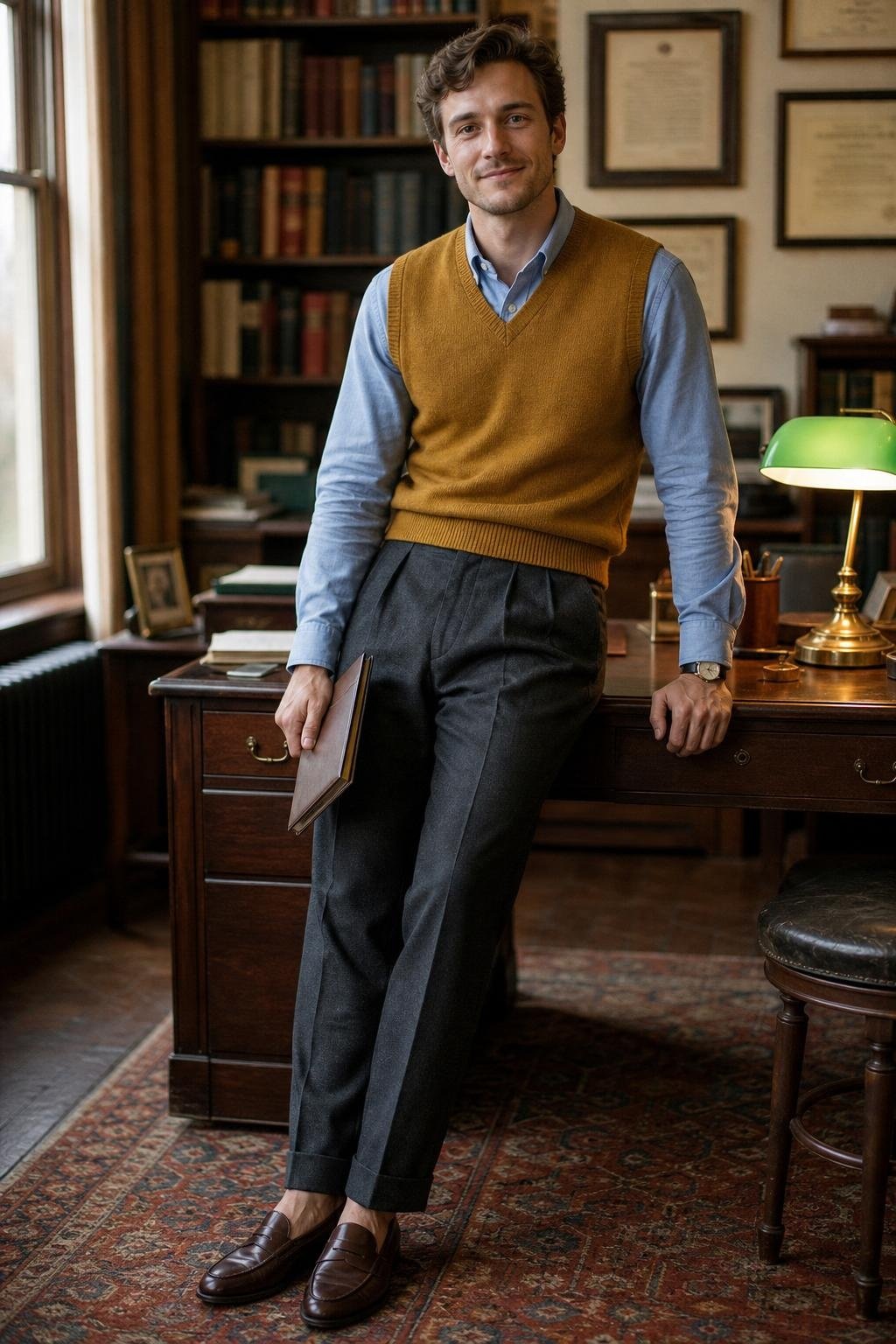 Mustard sweater vest, blue Oxford shirt, charcoal pleated trousers, brown loafers, academic office setting (option 2)
