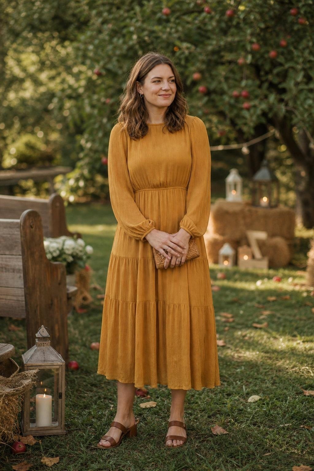 Mustard tiered midi dress with covered neckline, brown sandals, relaxed outdoor fall wedding (option 2)
